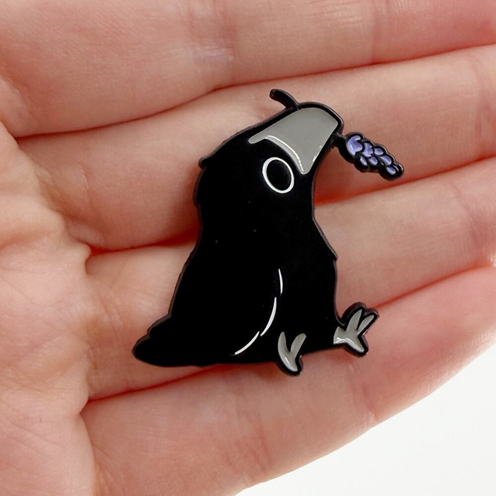 Cute Crow Enamel Pin Bird Holding Flower Kawaii Nature Brooch Gift